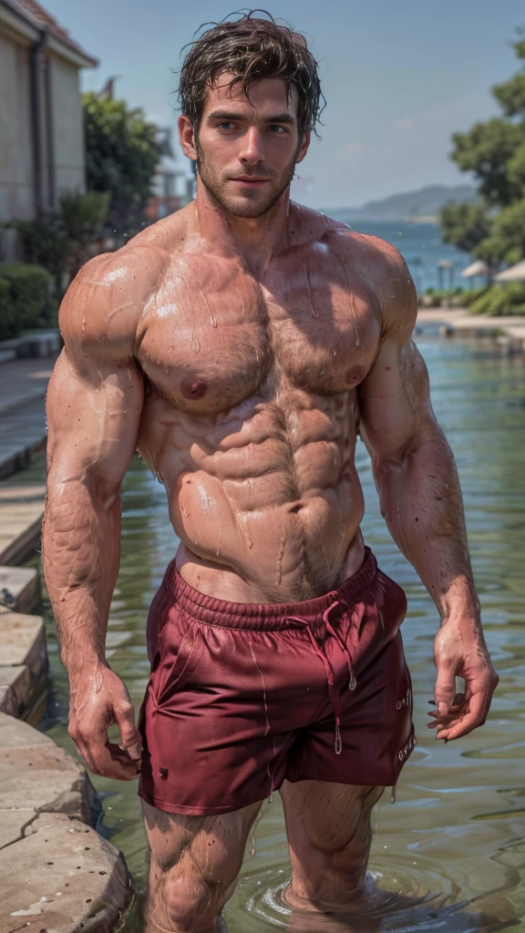 Masterpiece, denoise, void noise, one man, best quality, 8k resolution, male focus, focus only, amazing composition, volumetric lighting, super quality, elegant, Very detailed, front view, -----------, 35 years old, mature face, muscular, (((Caucasian white man, white skin:1.5, pale skin))), handsome, (detailed light-blue eyes), ((dark black hair, messy medium hairstyle)), big ears, (extream hairy body:1.7), (medium long beard), (((((Jim Sturgess mixed with Russell Tovey))))), (((big pink nipples:1.4))), (((perky nipples:1.4))), ------------, ((((detailed shorts)))), ((((shirtless)))), ((((grabbing edge like taking picture)))), (((looking at viewer:1.3))), ((((in front of viewer)))), (((laid down in the sea))), (((wet)))