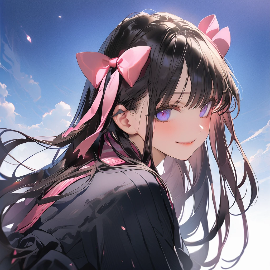 1girl, pink, black, ((eyes blue )), (( long hair )), (( black hair )), gotich style, pastel gotich, masterpiece, wallpaper, ultra detailed, better quality, gradient backdrop, hair bows goth girl, smiling 