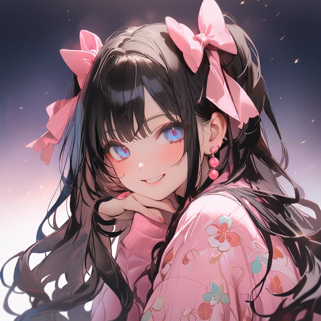 1girl, pink, black, ((eyes blue )), (( long hair )), (( black hair )), gotich style, pastel gotich, masterpiece, wallpaper, ultra detailed, better quality, gradient backdrop, hair bows goth girl, smiling