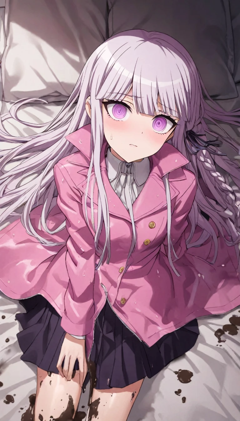 a beautiful girl with long light purple hair wearing a shiny pink raincoat, laying on a bed with white sheets and pillows, looking up at the viewer with an embarrassed and shy expression, her clothes are dripping and splattered with mud, detailed eyes, black pleated skirt, perfect anatomy, kyouko kirigiri, long hair with bangs, ribbon, purple eyes, single braid