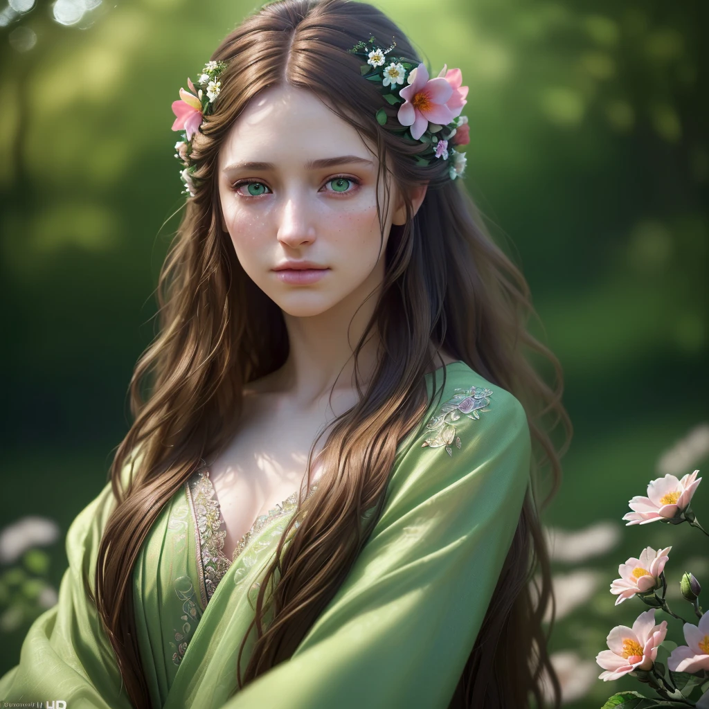 beautiful girl, long brown hair, green eyes, detailed portrait, flowers in hair, nature background, fantasy, cinematic lighting, warm colors, dreamlike, ethereal, (best quality,4k,8k,highres,masterpiece:1.2),ultra-detailed,(realistic,photorealistic,photo-realistic:1.37),HDR,UHD,studio lighting,ultra-fine painting,sharp focus,physically-based rendering,extreme detail description,professional,vivid colors,bokeh samantha