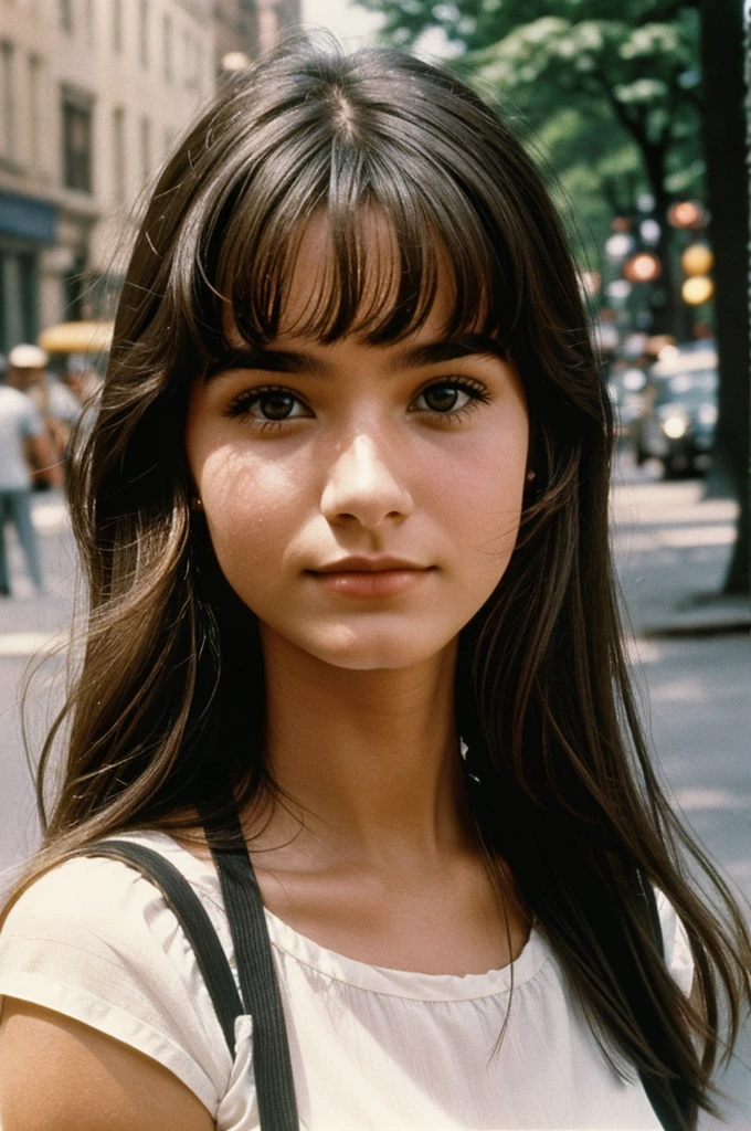 22 year old woman in New York in 1960 in summer with loose hair with an aquiline nose