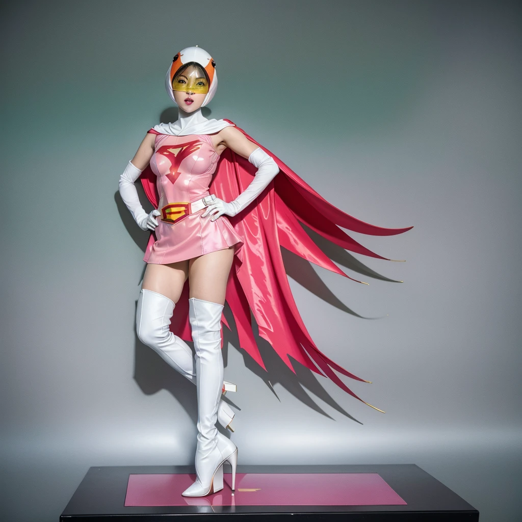 ANI_CLASSIC_jun_gatchaman_ownwaifu,1girl, s old,good anatomy, masterpiece, best quality,realistic, hyperrealistic, 16k hdr,breasts,green eyes,lips,large breasts,lipstick,makeup,gloves,cape,helmet,belt,elbow gloves,white gloves,mask,ultra miniskirt,leotard,spacesuit,white tight overknee highheels boots,pink dress,superhero,bodysuit,cleavage,erected nipples,((stand poses,hands on hip)),cameltoe