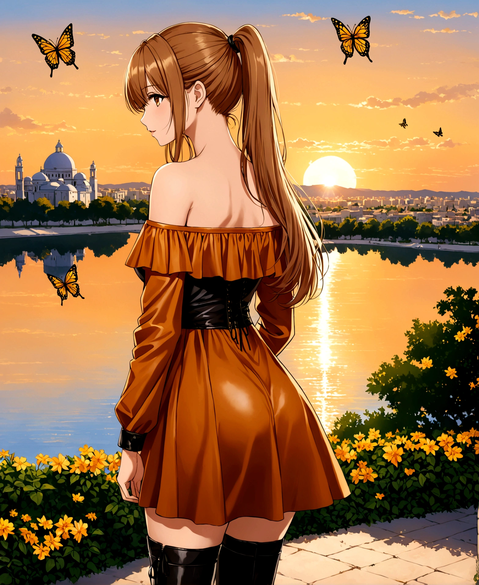 A beautiful woman, In her 20s, in a park, sunset, on the shore of a lake, the city in the background, in profile, straight profile, would be, nonchalant, /(Mediterranean tanned skin, extremely long straight light brown hair combed in a ponytail, honey-colored eyes,), /(Seasonal clothing: Off-shoulder fitted long dress, butterfly patterns, thigh-high leather boots),