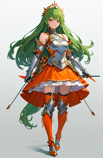 ((best quality)), ((masterpiece)), (detailed), 1girl, full body portrait, holding an (orange archery longbow), (long green hair:1.3), (silver breastplate), (silver armor shoulder guards), (orange boots:1.4), orange shoes, (silver gauntlets), (high-waisted orange skirt), (orange knee-high boots), tall orange boots, orange knees, orange waist