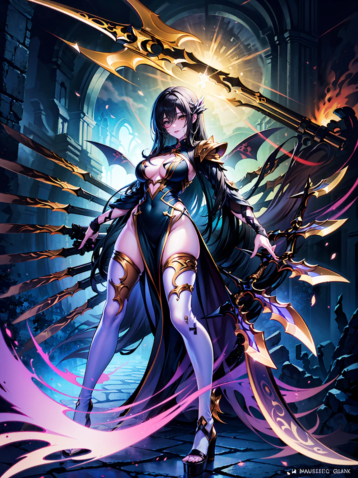 (((masterpiece, best quality, high detailed, 8k))) Design a layout showcase Gaming character, (1girl). Black|Gold clothes, stylish and unique. ((showcase weapon:1.4)), dark scythe. (masterpiece:1.2), (best quality), 4k, ultra-detailed. (Step by step design, layout art:1.5), (luminous lighting, atmospheric lighting). necromancer, ((glove full hands)), (((revealing clothes:1.3))), vambraces, armored legwear, (((full_body_shot:1.4))). {In a haunted graveyard}.