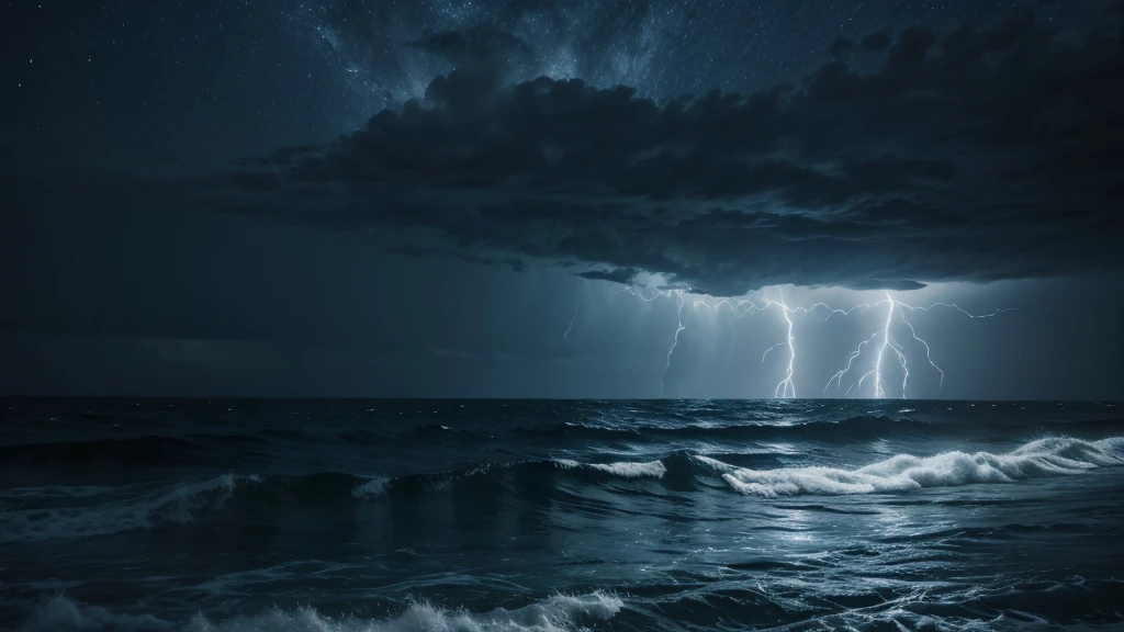 roughest ocean possible in a storm with lightning and the moon lighting up the night sky