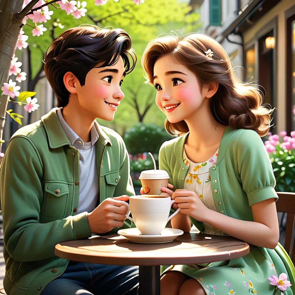 The image is a sweet and charming depiction of young love, captured in a moment of quiet happiness. It celebrates the simple joys of life, the beauty of spring, and the timeless magic of a shared coffee date.