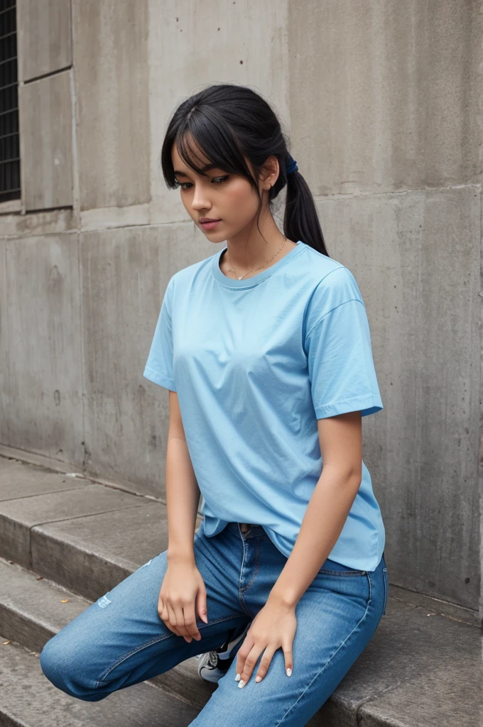 Person wearing light blue shirt, denim blue bant and black sneakers