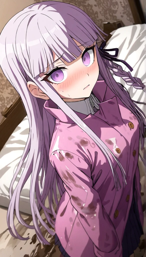 (masterpiece), (best quality), (ultra-detailed), wallpaper, highest quality, (an extremely delicate and beautiful), 1girl, illustration, dynamic angle, cowboy shot, (kyoko kirigiri), long light purple hair, focus on eyes, (shiny pink raincoat), (mud dripping on clothes), tall rain boots, (mud splattered on clothes), (smearing mud on raincoat), (drenched in mud), buttoned raincoat, detailed eyes, black pleated skirt, looking up at viewer, laying on bed, bedroom, white sheets, white pillows, embarrassed expression, blushing, shy, perfect anatomy, kyouko kirigiri, long hair, bangs, ribbon, purple eyes, hair ribbon, purple hair, braid, single braid, side braid