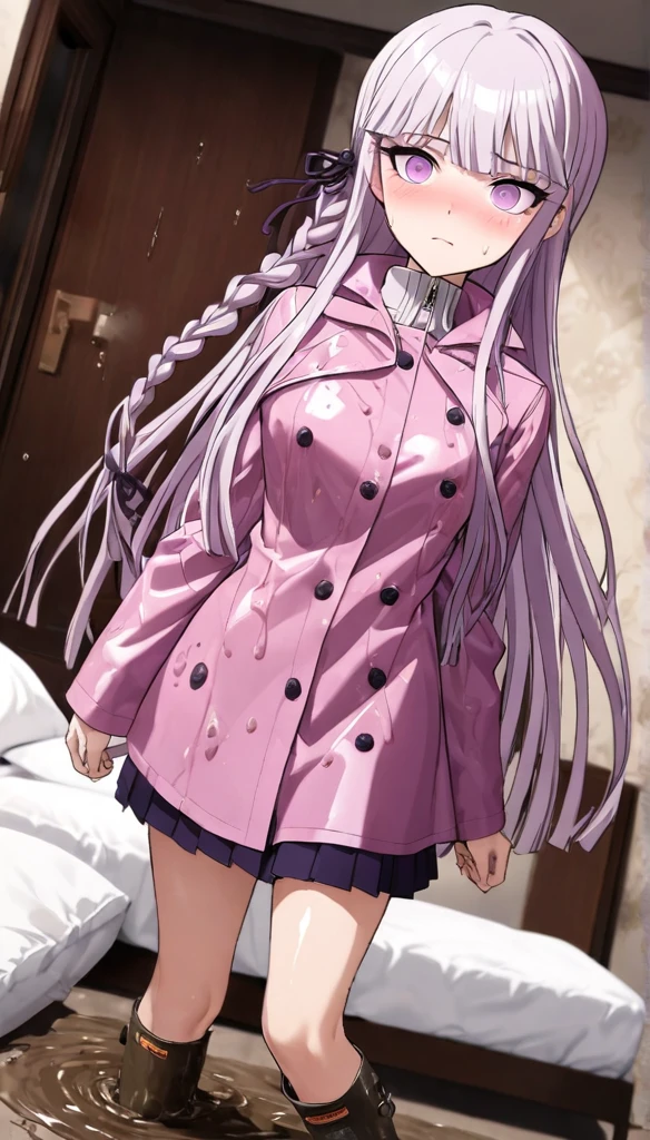 (masterpiece), (best quality), (ultra-detailed), wallpaper, highest quality, (an extremely delicate and beautiful), 1girl, illustration, dynamic angle, cowboy shot, (kyoko kirigiri), long light purple hair, focus on eyes, (shiny pink raincoat), (mud dripping on clothes), tall rain boots, (mud splattered on clothes), (smearing mud on raincoat), (drenched in mud), buttoned raincoat, detailed eyes, black pleated skirt, looking up at viewer, laying on bed, bedroom, white sheets, white pillows, embarrassed expression, blushing, shy, perfect anatomy, kyouko kirigiri, long hair, bangs, ribbon, purple eyes, hair ribbon, purple hair, braid, single braid, side braid