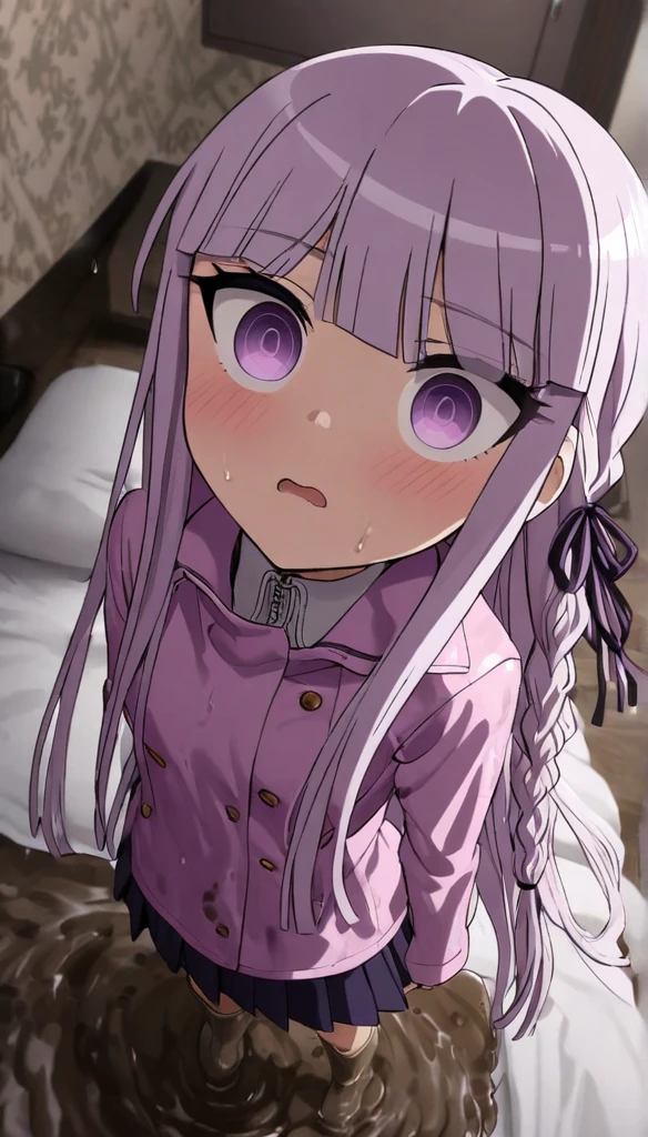 (masterpiece), (best quality), (ultra-detailed), wallpaper, highest quality, (an extremely delicate and beautiful), 1girl, illustration, dynamic angle, cowboy shot, (kyoko kirigiri), long light purple hair, focus on eyes, (shiny pink raincoat), (mud dripping on clothes), tall rain boots, (mud splattered on clothes), (smearing mud on raincoat), (drenched in mud), buttoned raincoat, detailed eyes, black pleated skirt, looking up at viewer, laying on bed, bedroom, white sheets, white pillows, embarrassed expression, blushing, shy, perfect anatomy, kyouko kirigiri, long hair, bangs, ribbon, purple eyes, hair ribbon, purple hair, braid, single braid, side braid