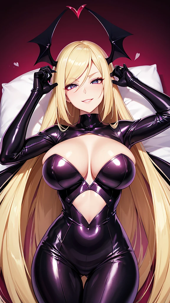 Erotic　Lusamine, tall, busty, blonde, mature, married woman, female executive in shiny purple rubber suit, red, black background, heart, bedroom, dark theme, evil, temptation, excitement, condescending smile, sexy pose, upper body emphasis, lying on man, angle from below, bat wings, succubus