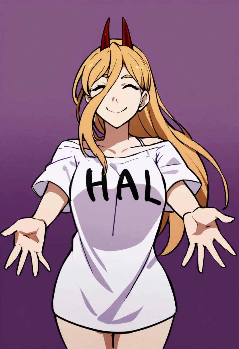 1 girl,glad,with open arms and smiling, wearing a shirt ,big purple ,that borders the thigh , text is written on the shirt: Harl, with a bold look.