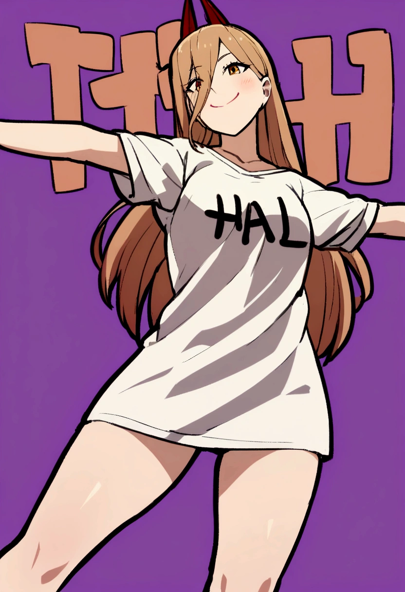1 girl,smiling wearing a shirt ,big purple ,that borders the thigh , text is written on the shirt: Harl, with a bold look.,