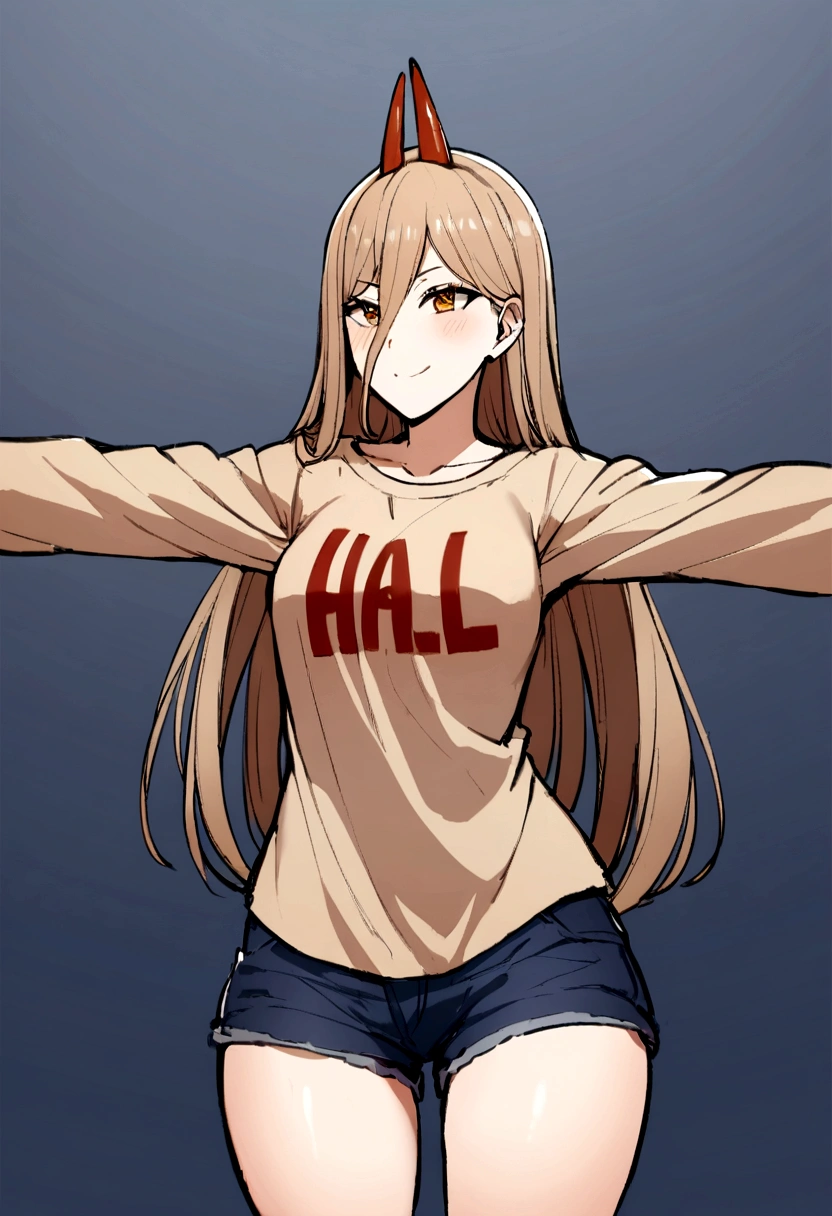 1 girl,glad,with open arms and smiling, wearing a shirt ,big purple ,that borders the thigh , text is written on the shirt: Harl, with a bold look.