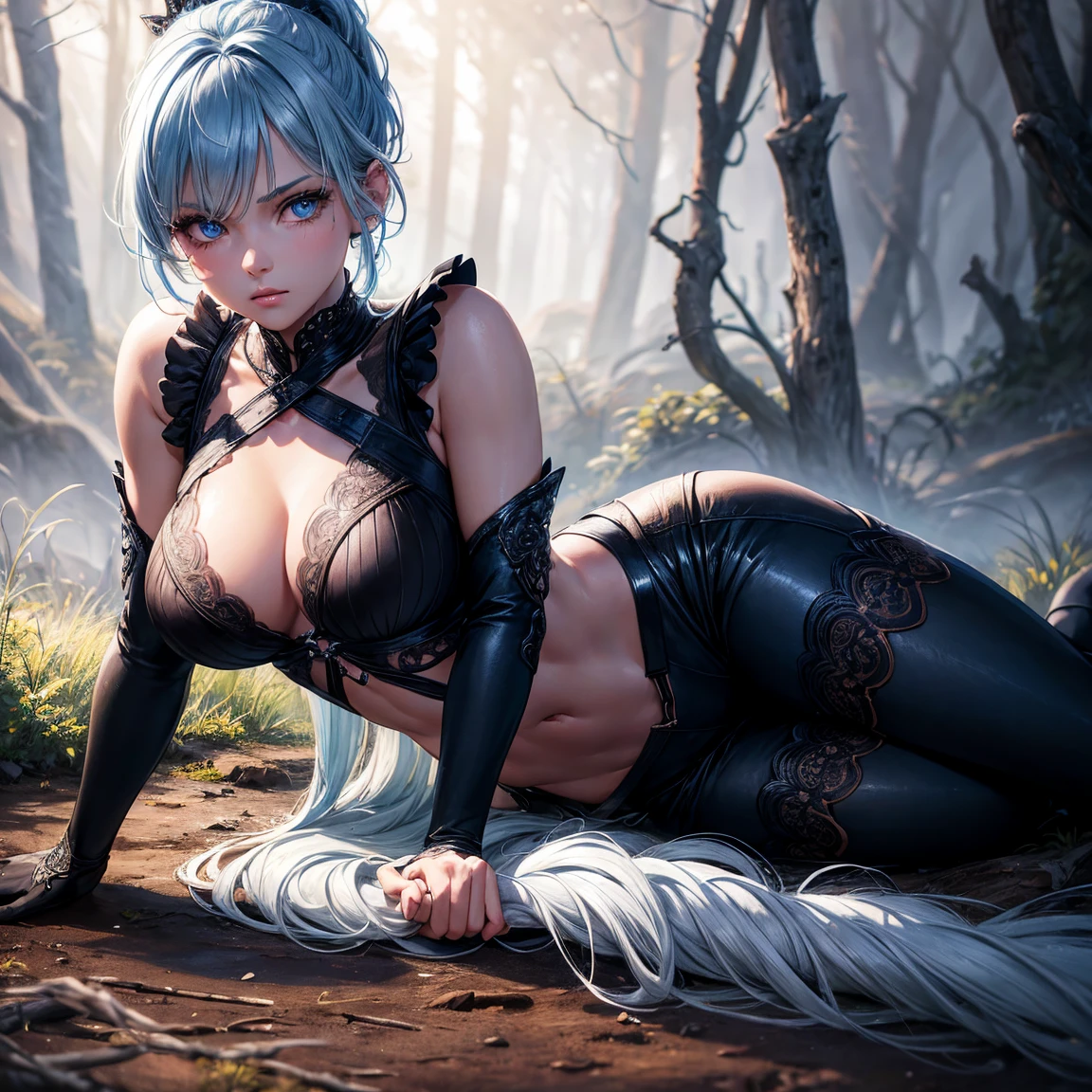 a young girl!, 1girl, light blue short ponytail hair, light blue hair!!, without breasts!!!, blue eyes, little black tight top, little black tight shorts, full body, full body, lying on ground, ghost forest, incredibly sexy body, detailed face, beautiful detailed eyes, beautiful detailed lips, extremely detailed eyes and face, long eyelashes, intricate details, detailed clothing, intricate details,highly detailed, photo realistic, 8k, best quality, masterpiece, cinematic lighting, dramatic lighting, vibrant colors, fantasy, digital art, concept art