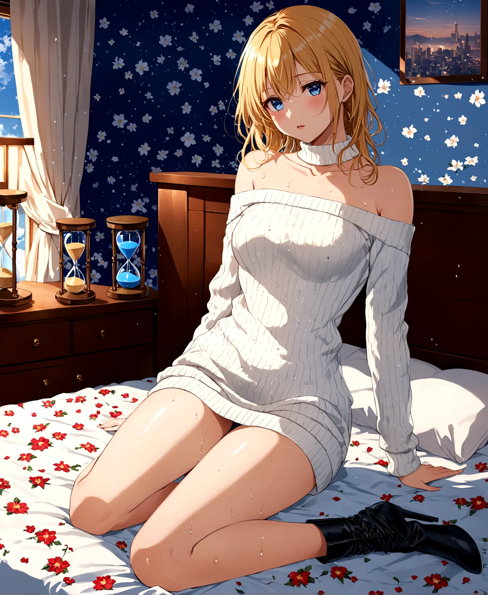 Sweat and wet body, A beautiful women, spanish, in her room, lying on the bed with arms stretched out, in a winter evening, /(waist-length Golden blonde hair, straight and long, blue sky eyes, white skin,), half sad and nostalgic, tear in her eyes, /(Casual wear: full body short fitted dress with bare shoulders and flower patterns, neckline, white sweater, knee high boots,), /(shapely legs, hourglass-shaped athletic body, medium hips, small waist,),