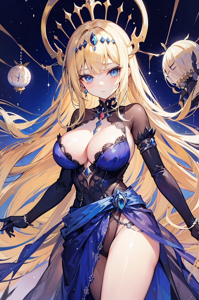 1 woman, long blond hair, blue eyes, jewelry, crown, monster girl, arachne, spider girl,
