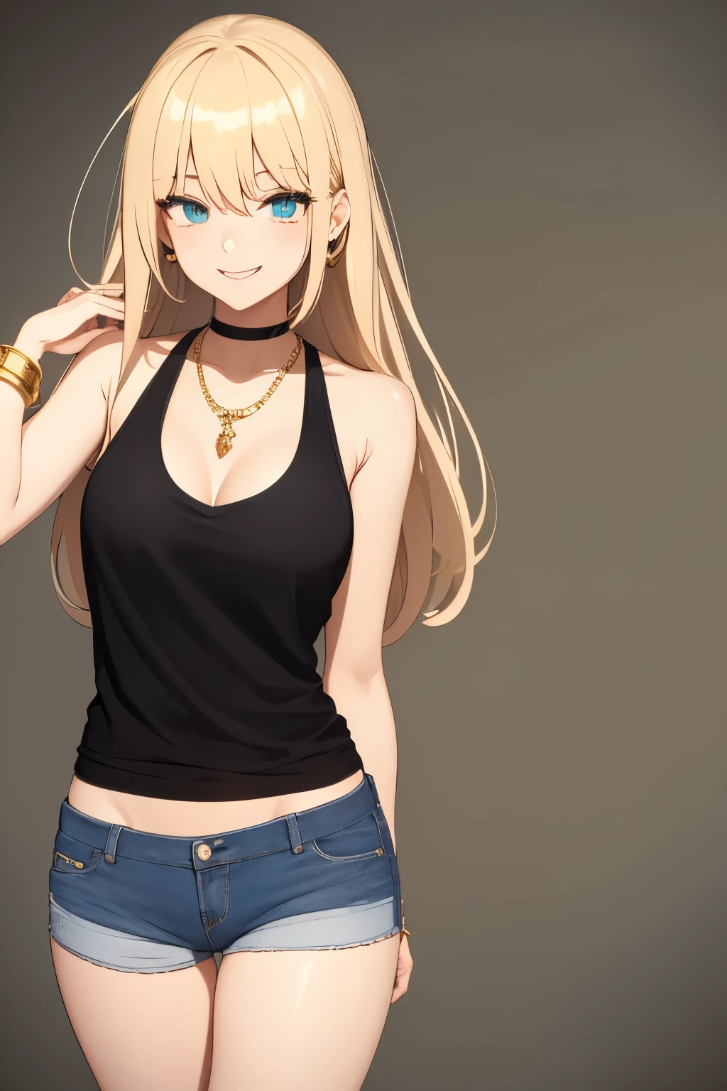 A blonde female character with long hair and bangs over her eyes, smiling with a flushed face. She has red-tinted eyes and wears a black choker, gold bracelets, gold earrings, and a necklace. The character is dressed in a tight white tank top that emphasizes her bust, which has a beauty mark on it, and she wears blue denim shorts with a small accessory tucked in.