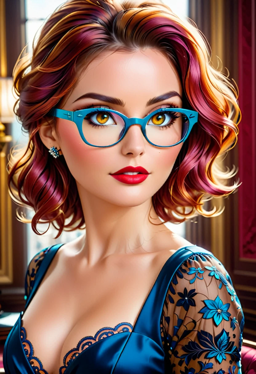a facial portrait of a spy using glasses to take pictures, an elegant, exquisite beautiful female spy, dynamic hair color, dynamic hair style, (wearing elegant intricate details glasses: 1.3), dynamic color glasses, dynamic style glasses, ((information reflected in the glasses:1.6)), she wears an elegant, intricate detailed dress, silk dress , small cleavage, Vibrant, Ultra-high resolution, High Contrast, masterpiece:1.2, highest quality, Best aesthetics), best details, best quality, highres, ultra wide angle, 16k, [ultra detailed], masterpiece, best quality, (extremely detailed), Genetically modified..., Cinematic Hollywood Film