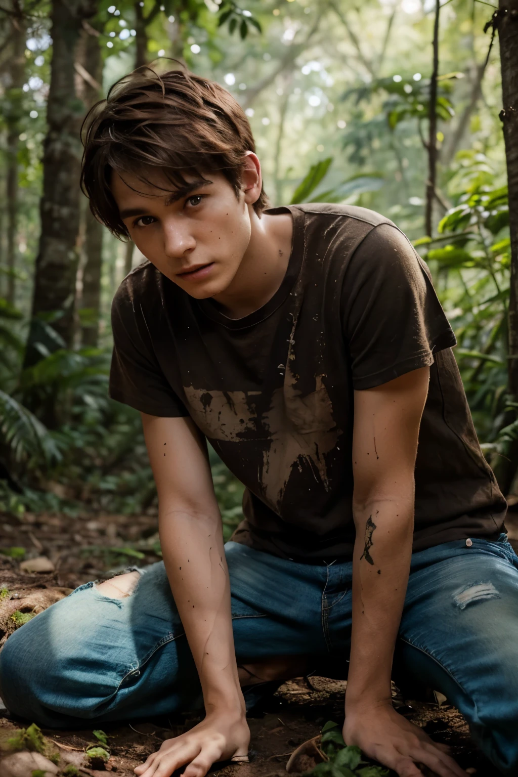 Max A 16 year old boy from the forest with short red hair and green eyes, wearing a dirty brown T-shirt torn inside out and a skinny black dirty Jean. He should look very dirty from the jungle with dirt on his face is lying on the forest floor, looking confused and disoriented. His clothes are dirty and torn, his face smudged with dirt. 3D animate keep character the same