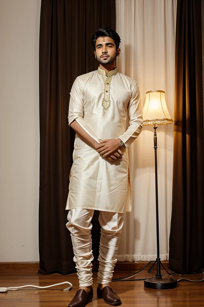 Front view of young man  singing front of mic , man wearing a Indian kurta , at the room , lamp , dark brown curtains , white walls , at night time , fullbody short 
