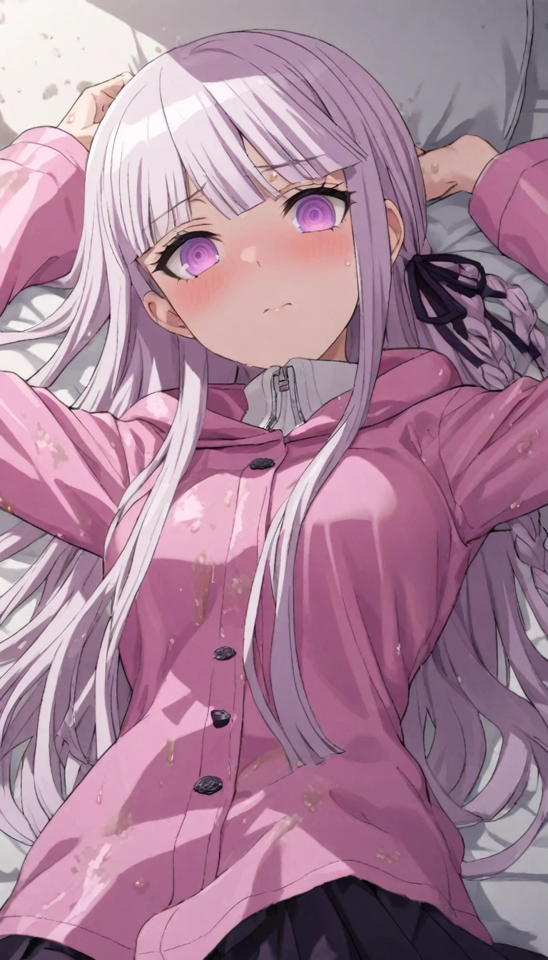 a beautiful girl with long light purple hair wearing a shiny pink raincoat, laying on a bed with white sheets and pillows, looking up at the viewer with an embarrassed and shy expression, her clothes are dripping and splattered with mud, detailed eyes, black pleated skirt, perfect anatomy, kyouko kirigiri, long hair with bangs, ribbon, purple eyes, single braid