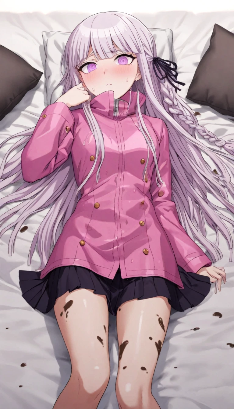 a beautiful girl with long light purple hair wearing a shiny pink raincoat, laying on a bed with white sheets and pillows, looking up at the viewer with an embarrassed and shy expression, her clothes are dripping and splattered with mud, detailed eyes, black pleated skirt, perfect anatomy, kyouko kirigiri, long hair with bangs, ribbon, purple eyes, single braid