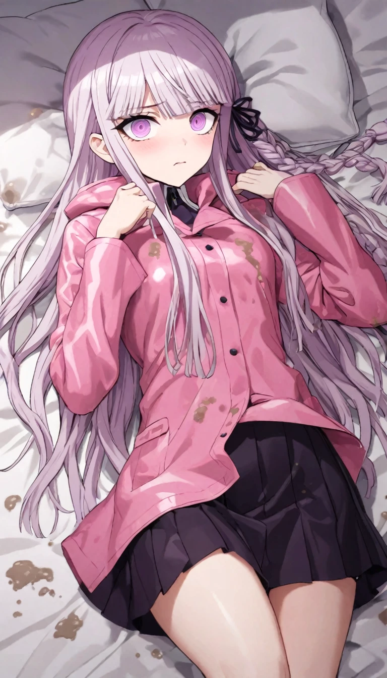 a beautiful girl with long light purple hair wearing a shiny pink raincoat, laying on a bed with white sheets and pillows, looking up at the viewer with an embarrassed and shy expression, her clothes are dripping and splattered with mud, detailed eyes, black pleated skirt, perfect anatomy, kyouko kirigiri, long hair with bangs, ribbon, purple eyes, single braid