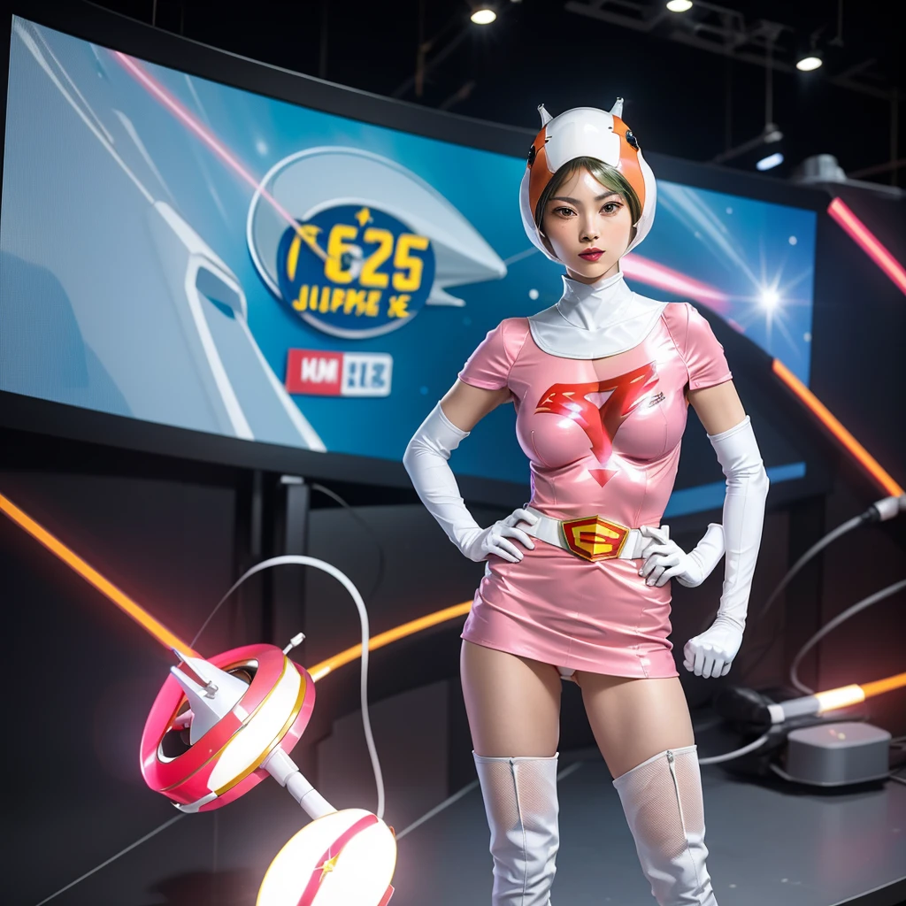ANI_CLASSIC_jun_gatchaman_ownwaifu,1girl, 15 years old,good ???????, masterpiece, best quality,realistic, hyperrealistic, 16k hdr,???????,green eyes,lips,?????????????,lipstick,makeup,gloves,cape,helmet,belt,elbow gloves,white gloves,mask,ultra miniskirt,leotard,spacesuit,white tight overknee highheels boots,pink dress,superhero,????????,cleavage,erected ???????,((stand poses,hands on hip)),????????