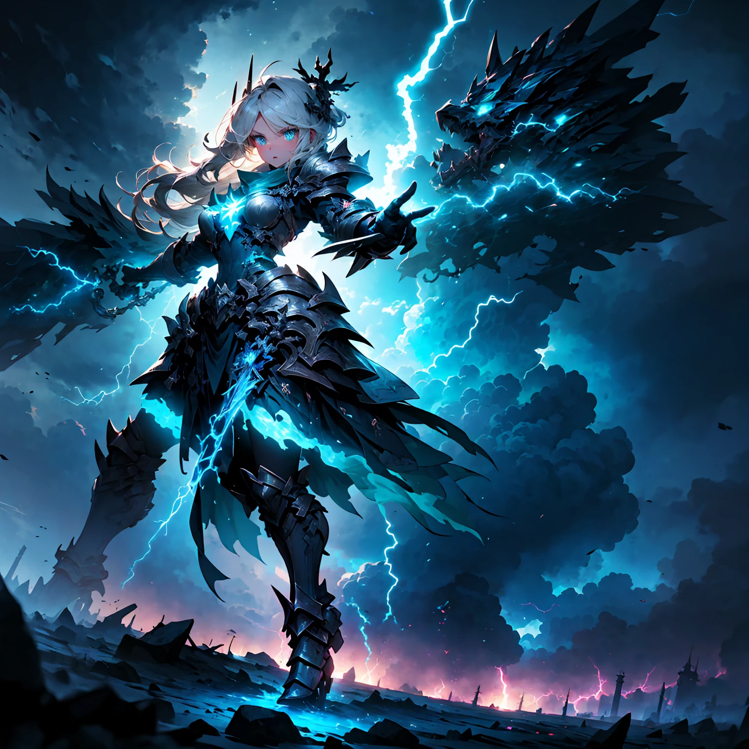 ((full body shot)) of a girl in electrifying, futuristic armor with sleek silver and blue accents, soaring through a stormy, electrified sky. She has short, spiky platinum blonde hair and piercing, electric blue eyes. Her skin has a faint, radiant glow, and she is adorned with intricate lightning bolt motifs. She holds a magnificent staff crackling with arcs of lightning, emitting a powerful, electric aura. The atmosphere is {charged|awe-inspiring}, with thunderclouds and bolts of lightning illuminating the scene. The ground beneath her is charged with static electricity, creating a shimmering effect and adding to the electrifying ambiance. Surrounding her are swirling storm clouds and bursts of lightning in shades of {blue|white}, casting a dynamic, electrical glow. As she flies, she effortlessly manipulates the lightning bolts with her outstretched hand, showcasing her mastery over electricity. The background features towering, swirling storm formations and glimpses of a distant, lightning-lit castle, hinting at a kingdom ruled by thunder and lightning. The scene is intense and majestic, with her face showing a confident yet serene expression, her eyes focused intently on harnessing her power.

[Best quality], [Masterpiece], [Ultra-detailed], [4k], {charged|awe-inspiring} atmosphere, stormy sky, {dynamic pose|commanding pose}, electrified illumination, {soft shadows|dramatic lighting}, {charged ground:0.7}, {swirling storm clouds:0.6}, {bursts of lightning:0.5}, {storm formations:0.4}, {lightning-lit castle:0.3}.