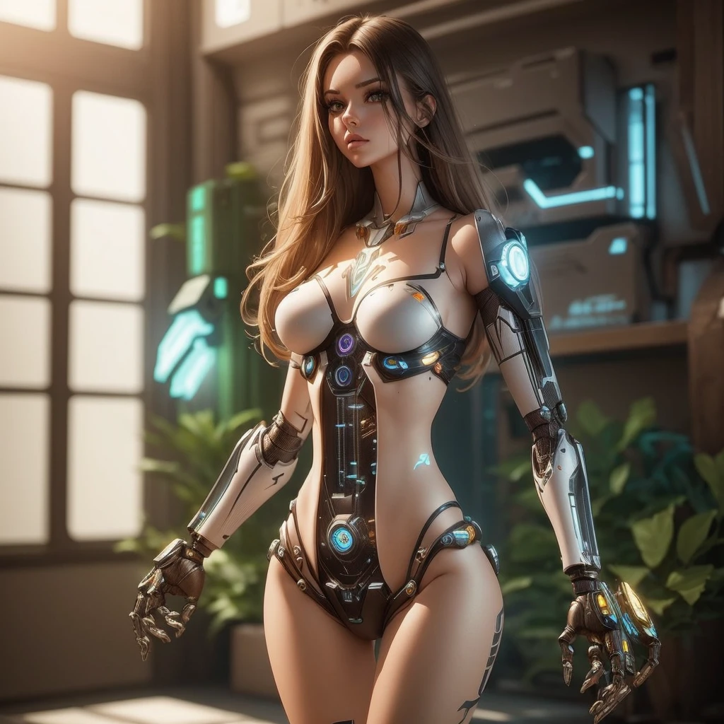 , cyborg Girl, full body picture,thin micro bikini, robot implant arms, robot implant legs, circuit implants in belly,,beautyful face, beautyful body, perfect anatomy, long haired,sharp picture, high quality, ultrarealistic, 3D, bigital illustration, CGI,