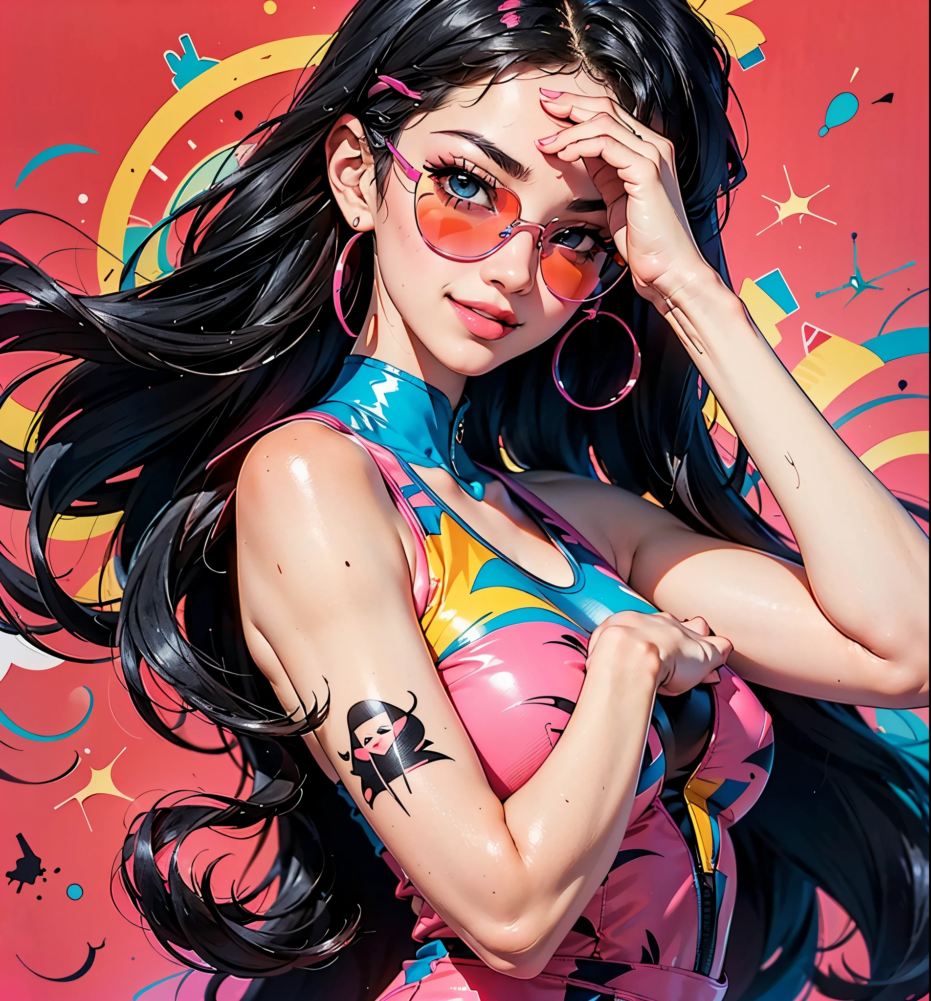 ((Lisa Black Pink)) in a dress standing in front of simple background, up close, ((Art style by Patrick Nagel)), ((8k, wallpaper, detailed)), dark sunglasses, korean pop-star, big smile, black hair, pretty hands, fringe, simple red background, palm trees, (graffiti wall:1.2), strong, courageous, art by Patrick Nagel, album art cover