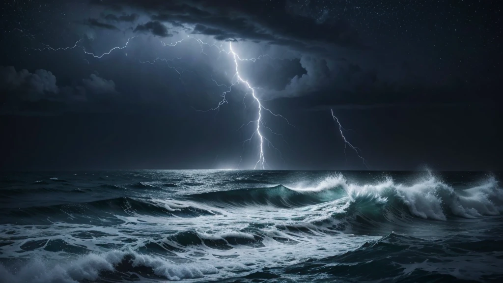 roughest ocean possible in a storm with lightning and the big moon lighting up the night sky