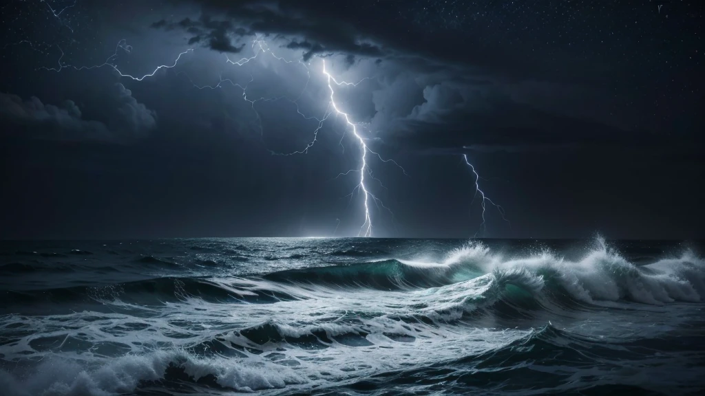 roughest ocean possible in a storm with lightning and the big moon lighting up the night sky