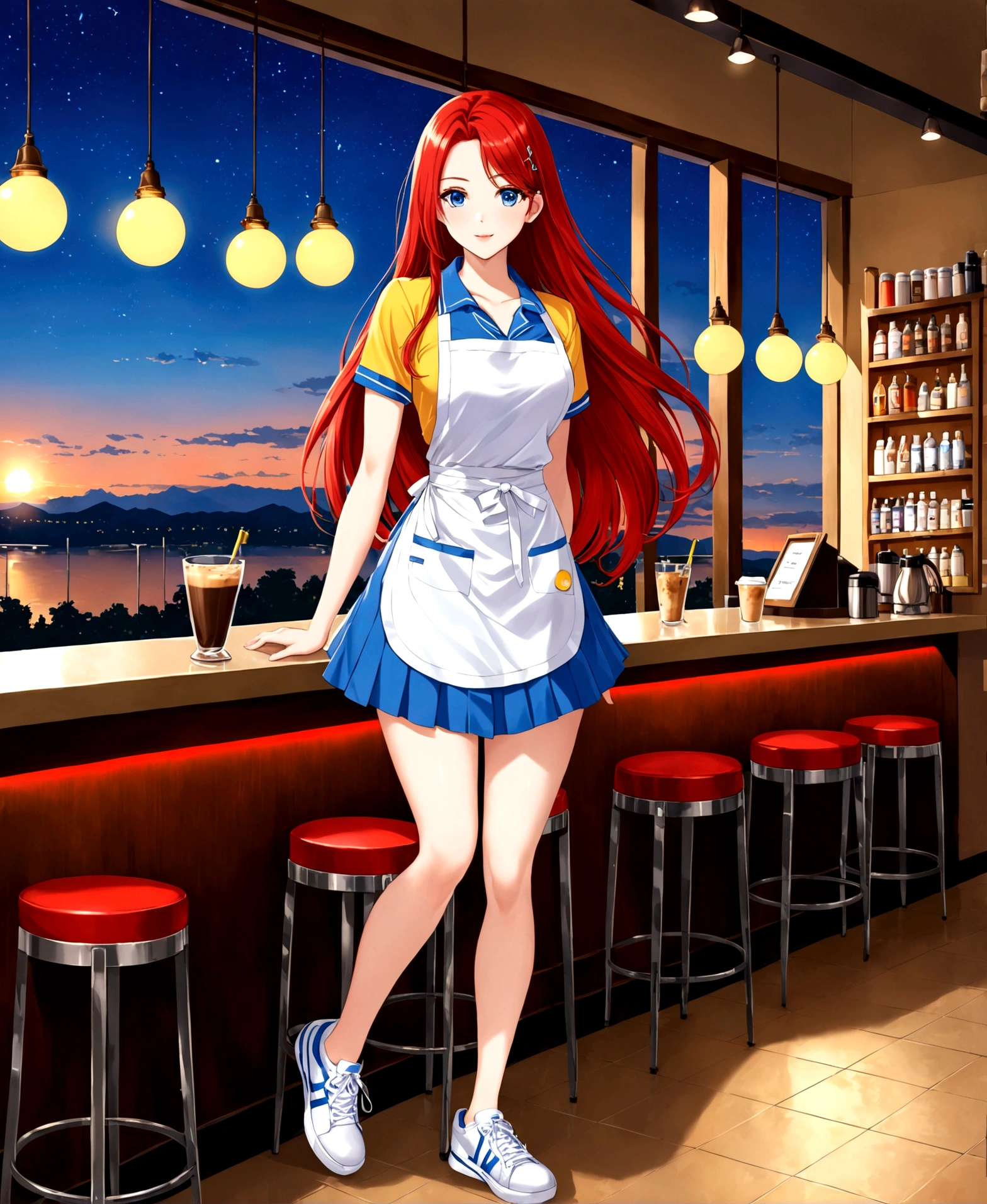 A beautiful woman, 20 years old, in a coffee shop, cheerful, friendly, serving, dusk, sun reflecting in the window, summer, 18 years old, /(pale white skin, extremely long straight scarlet red hair, topaz blue eyes,), /(uniform: tennis shoes, plain brown mini skirt with line patterns, yellow V-neck short sleeve blouse, apron, head pin,), /(shapely legs, hourglass athletic body, medium hips, medium waist, big chest,),