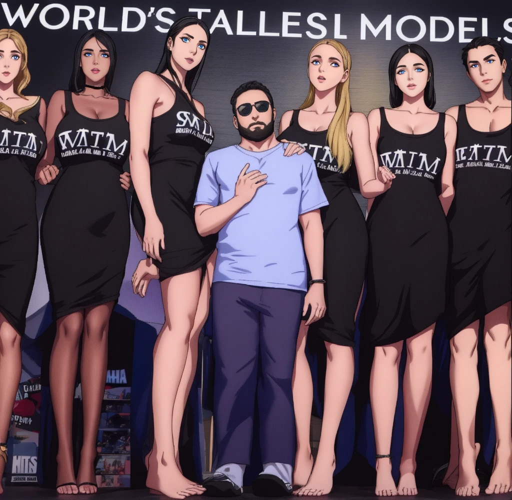 Three tall girls on the lfe left, three tall girls in the right, short man in the middle, the girls are much taller than the man, girls have big  and cleavage, girls are wearing black, man is wearing blue shirt, girls are standing barefoot, man is wearing shoes,