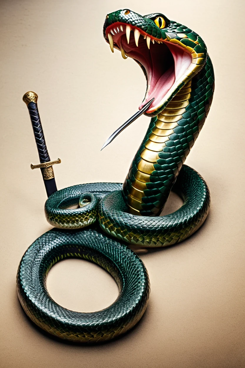 snake with open mouth coiled around a sword