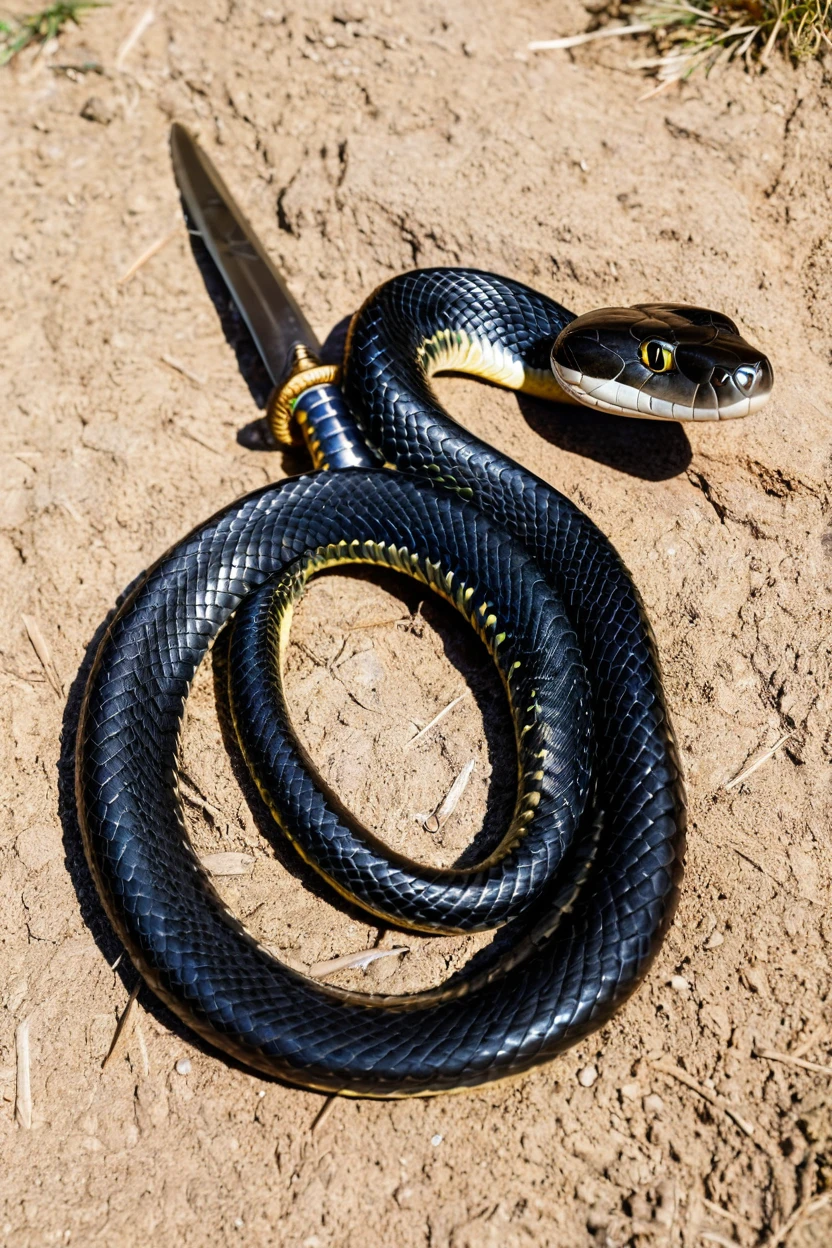 snake with open mouth coiled around a sword