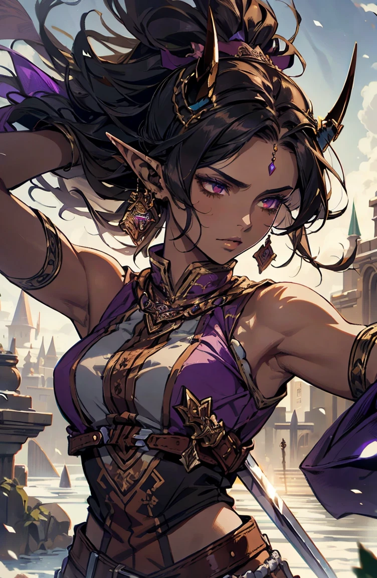 brown skin, older woman, sexy, tall, brown skin, one wing, black hair, elf, elf ears, horns, sleeveless, warrior, sword, purple, dramatic composition