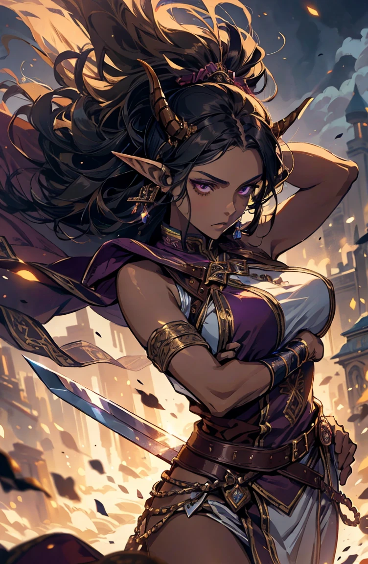 brown skin, older woman, sexy, tall, brown skin, one wing, black hair, elf, elf ears, horns, sleeveless, warrior, sword, purple, dramatic composition
