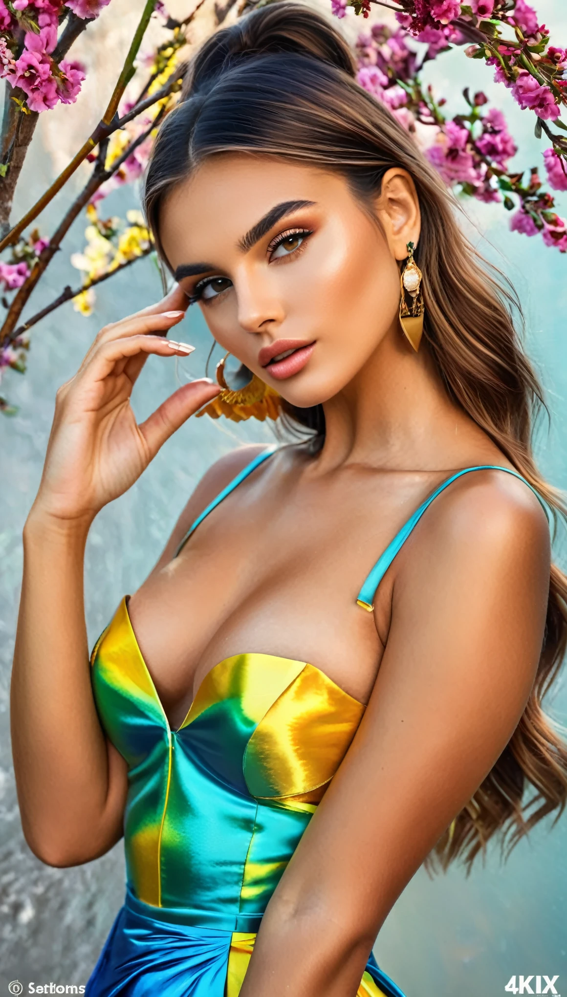 Award-winning photo by slim Aaons of Beautiful Instagram model, dressed in fashion, sharp, magic realism. Perfect realistic skin and hands. Ultra realistic photo, vibrant colors, 8k