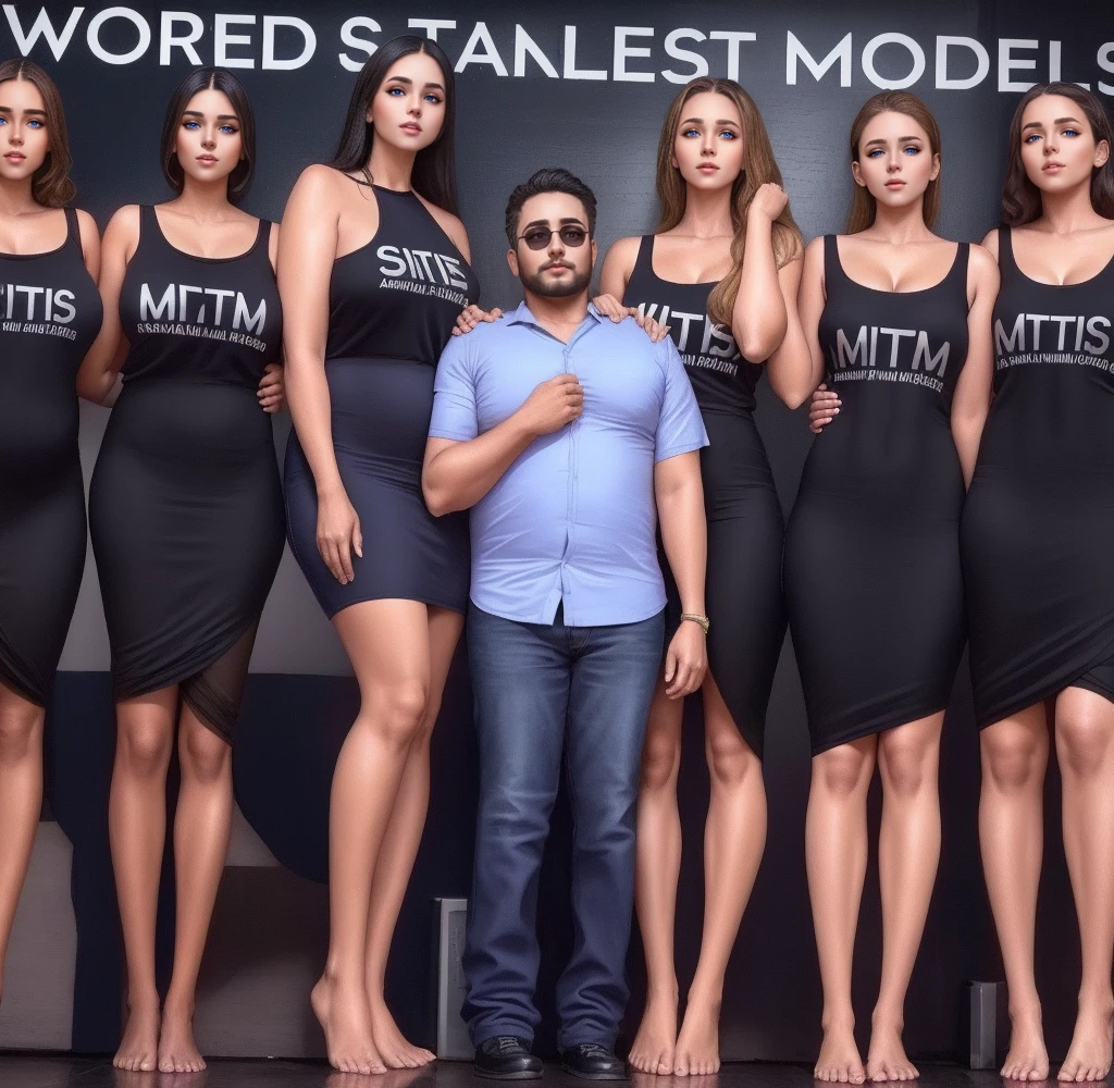 Three tall girls on the lfe left, three tall girls in the right, short man in the middle, the girls are much taller than the man, girls have big  and cleavage, girls are wearing black, man is wearing blue shirt, girls are standing barefoot, man is wearing shoes,