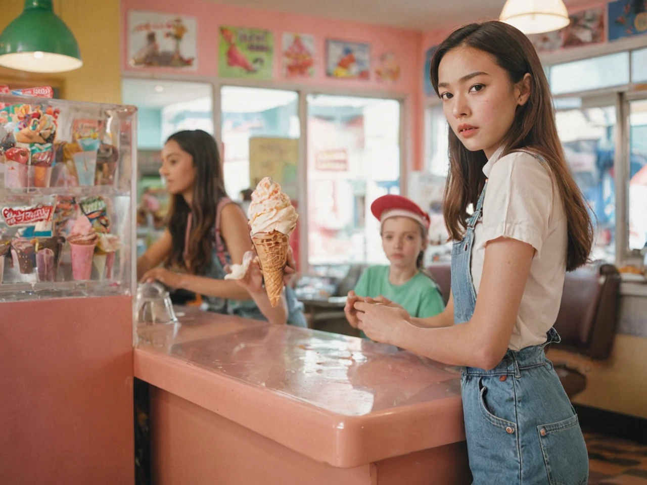 Portrait MagMix Girl look at camera, long hair, Overalls, Retro ice cream parlor with pastel-colored walls, a classic soda fountain counter, and vintage ice cream posters, bathed in warm sunlight, analog film photo, Kodachrome.