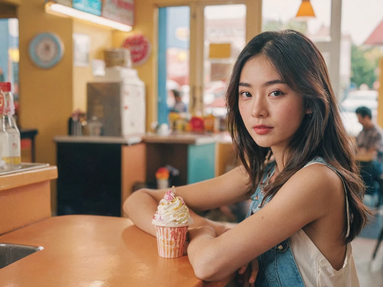 Portrait MagMix Girl look at camera, long hair, Overalls, Retro ice cream parlor with pastel-colored walls, a classic soda fountain counter, and vintage ice cream posters, bathed in warm sunlight, analog film photo, Kodachrome.