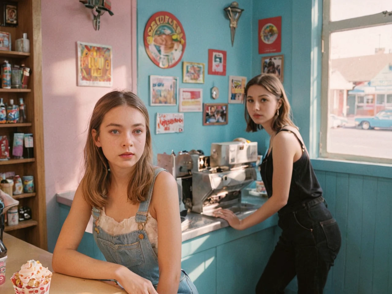 Portrait MagMix Girl look at camera, long hair, Overalls, Retro ice cream parlor with pastel-colored walls, a classic soda fountain counter, and vintage ice cream posters, bathed in warm sunlight, analog film photo, Kodachrome.