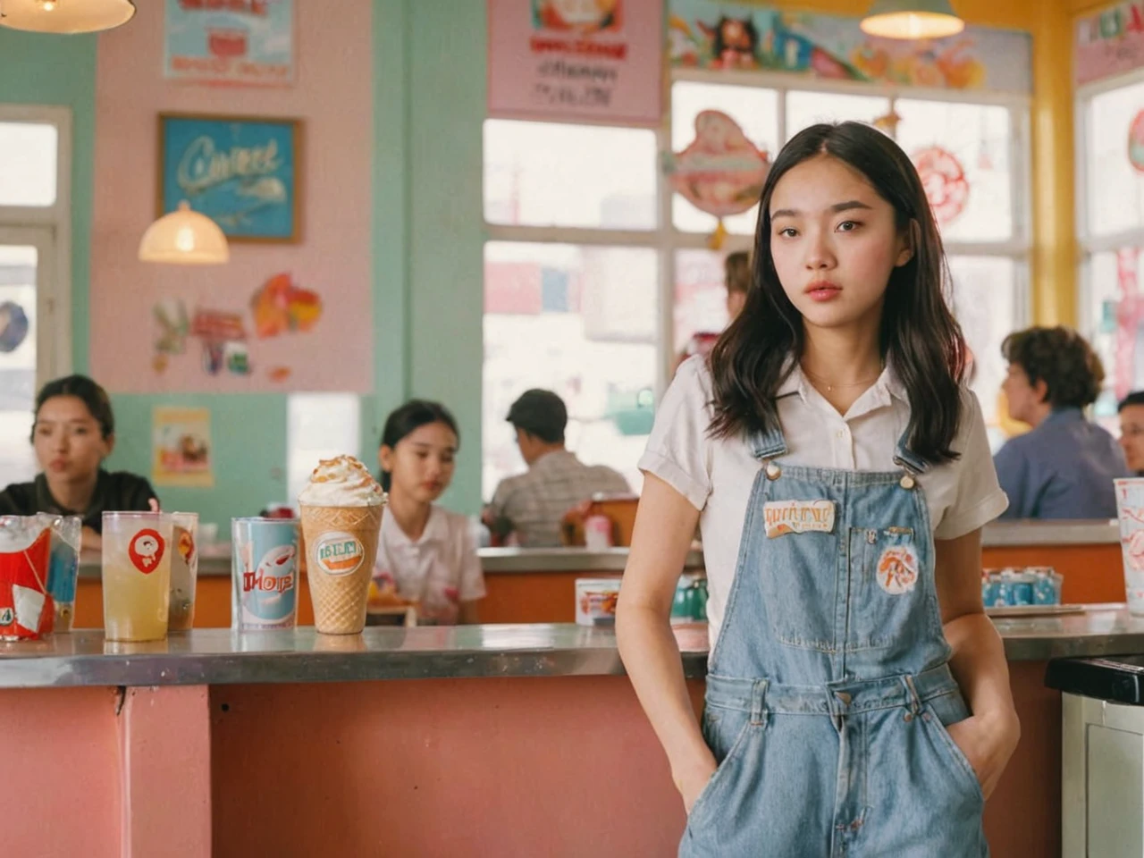 Portrait MagMix Girl look at camera, long hair, Overalls, Retro ice cream parlor with pastel-colored walls, a classic soda fountain counter, and vintage ice cream posters, bathed in warm sunlight, analog film photo, Kodachrome.