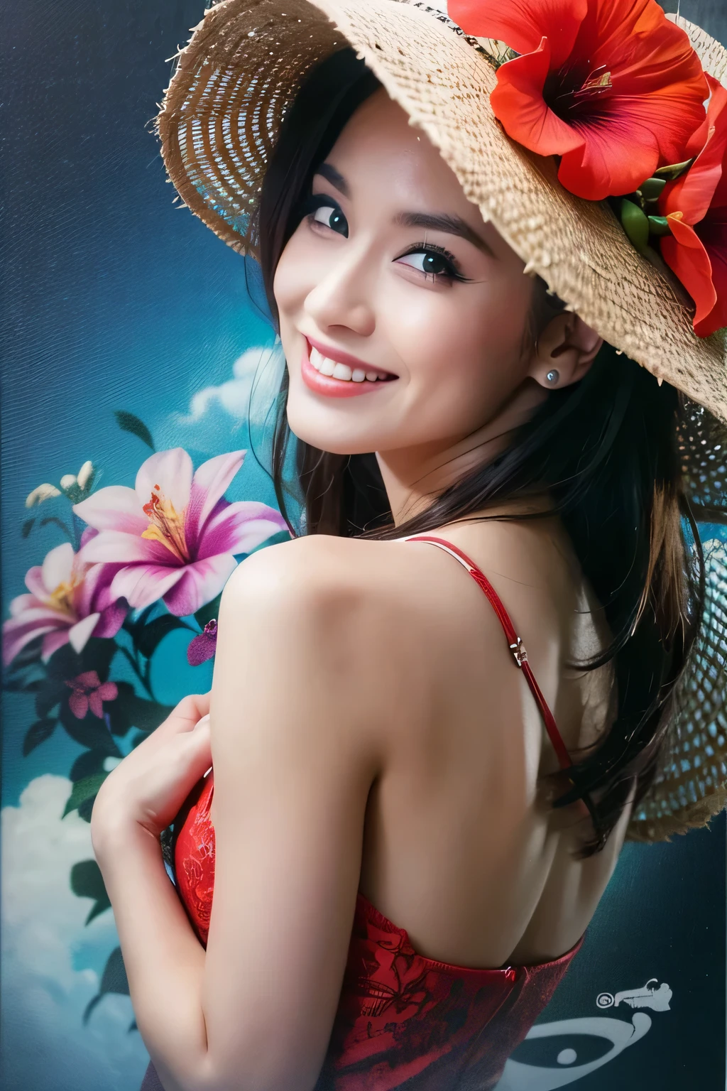 happy, smiling, flowers by the water on a tropical beach, wallpaper, beautiful flowers, screen capture, heaven, ghost festival, hibiscus, blue sky, cute :2, Okinawa Japan, rapids, romantic!!!, beach photo, because, honey, peace, wallpaper - 1 0 2 4, photography, photorealism, Mark English, dark haired woman, smiling, wearing a red micro bikini, David Mack, deep colors and dark shadows, Jean-Sebastian Rosbach, HD mixed media collage, illustration, beautiful colors, woman in hat, detailed face with red lips, Russ Mills, red and blue, ((very beautiful face close-up))