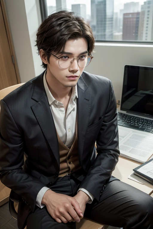(absurderes, high resolution, ultra detaild), 1 men, grown-up, bonitas, rosto Cao Cao e musculoso, broadshouldered, finely-detailed eyes, short black hair, eyes browns, suit and ties, sitting in a fancy office chair behind a black desk with his state-of-the-art laptop open in front of him, inside an office with large glass windows, looking like the buildings outside, the room has plenty of sunlight and in front of this man sits ther young man, 24 years old, Cao Cao, honey brown hair, brown skinned, wearing glasses with papers in their hands, dress with color trousers, dark brown dress shoes, white long sleeve blouse, and with a beautiful smile on your face and hope in your eyes.